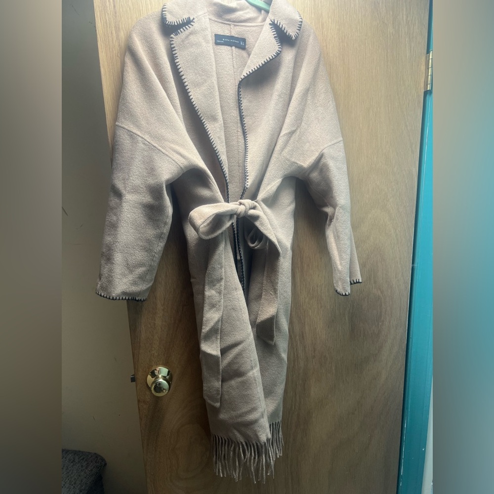 ZARA Tan Wrap Fringe Jacket